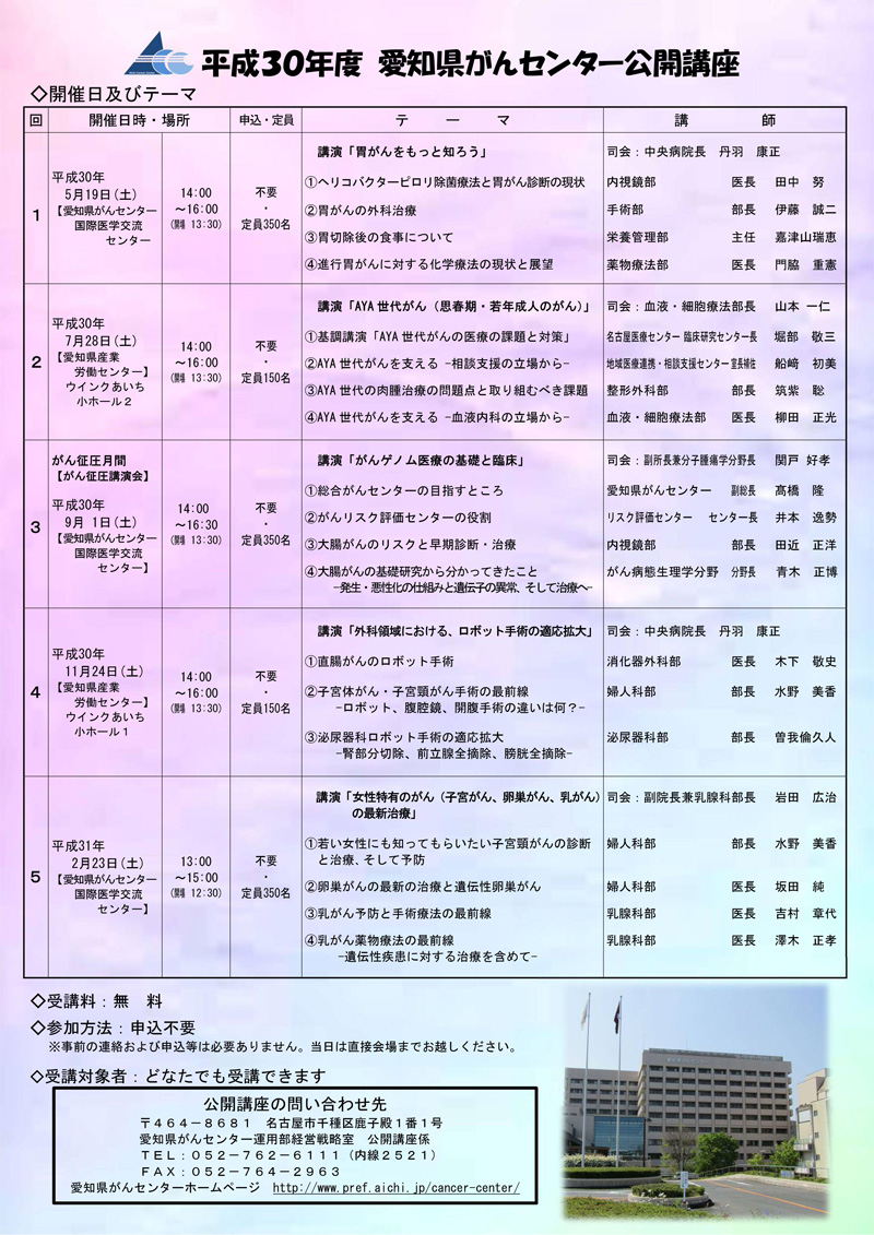 18年度 愛知県がんセンター公開講座のご案内 名古屋市千種区医師会